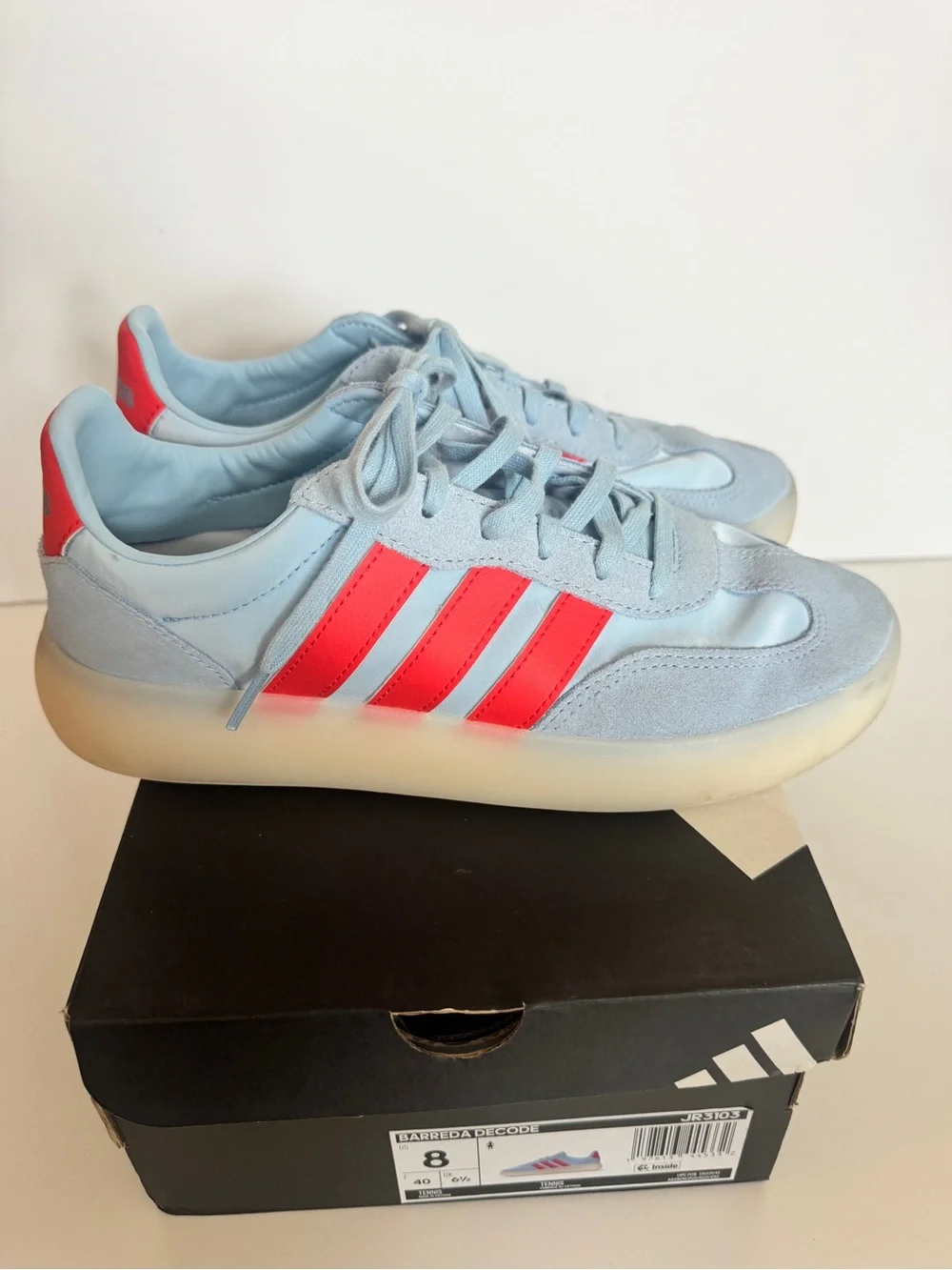 adidas Light Blue Sneakers with Bright Coral Stripes Size 8